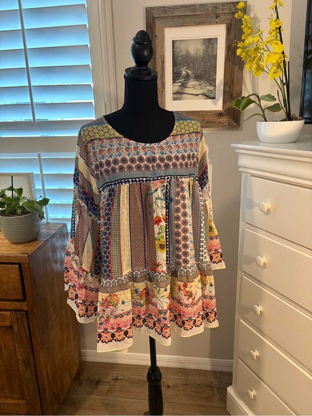 Johnny Was Multicolor Patchwork Floral Peasant Blouse, L